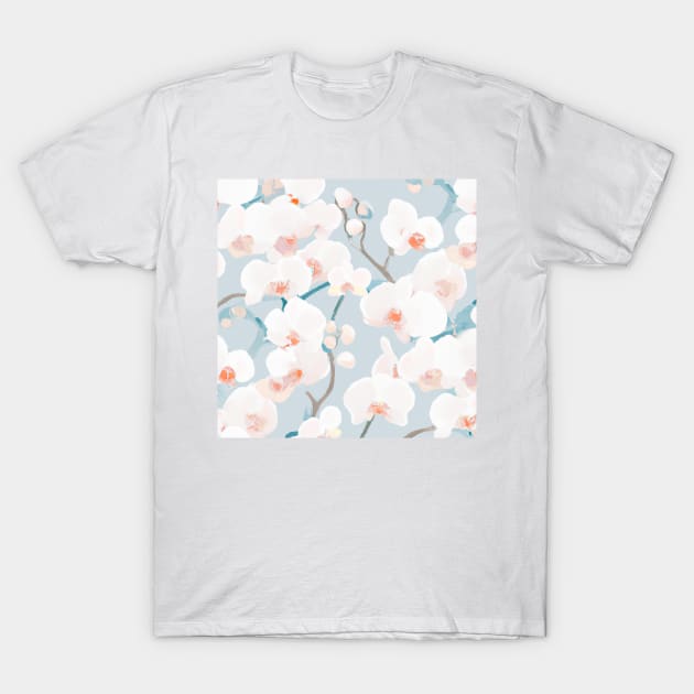 Soft White Flowers on a Gentle Sky T-Shirt by Sevendise
